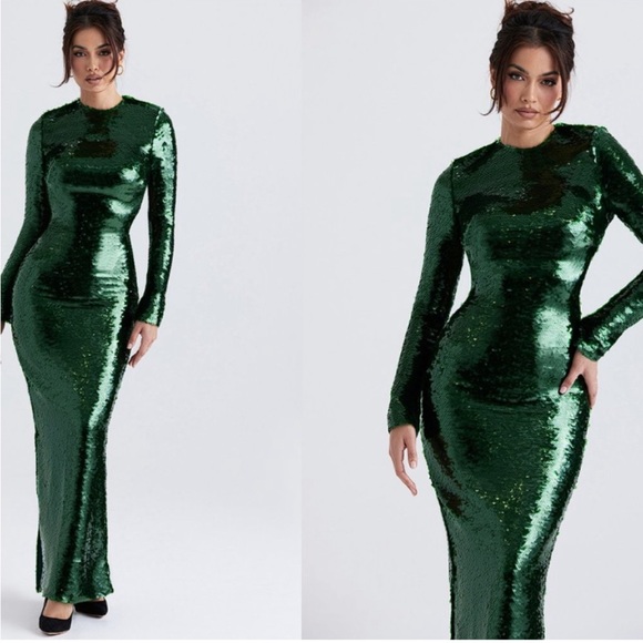 HOUSE OF CB 'Belle' Pine Green Sequin Maxi Dress - Picture 3 of 7